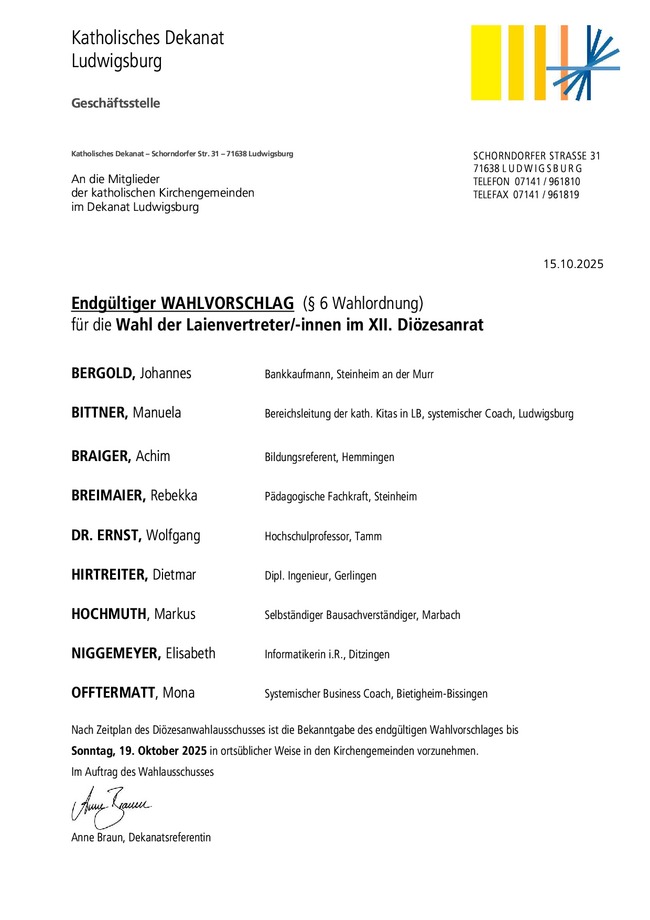 Wahlvorschlag zum Diözesanrat Wahlvorschlag zum Diözesanrat