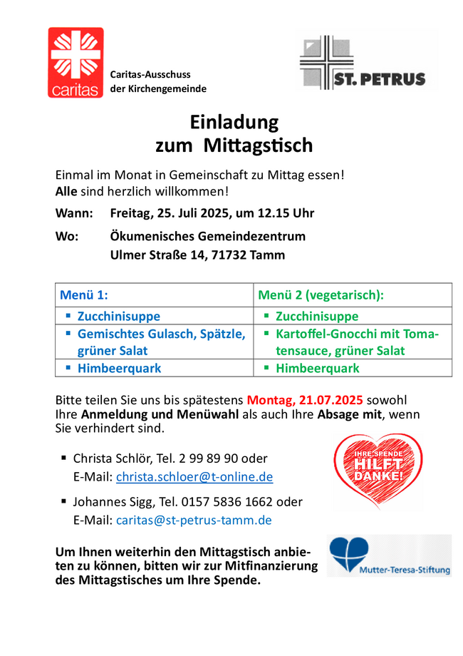 Menü vom 25. Juli Menü vom 25. Juli